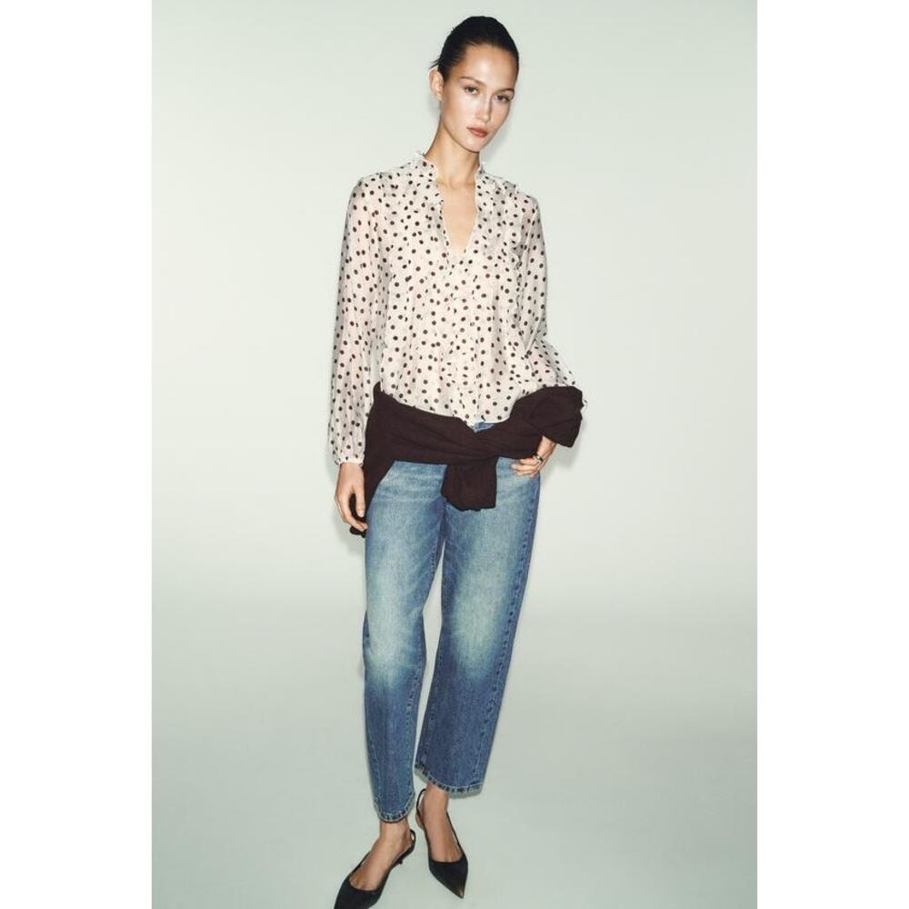 ZARA Preppy Polka Dot Ruffle Neckline Drawstring Detail Button Down Blouse Sheer